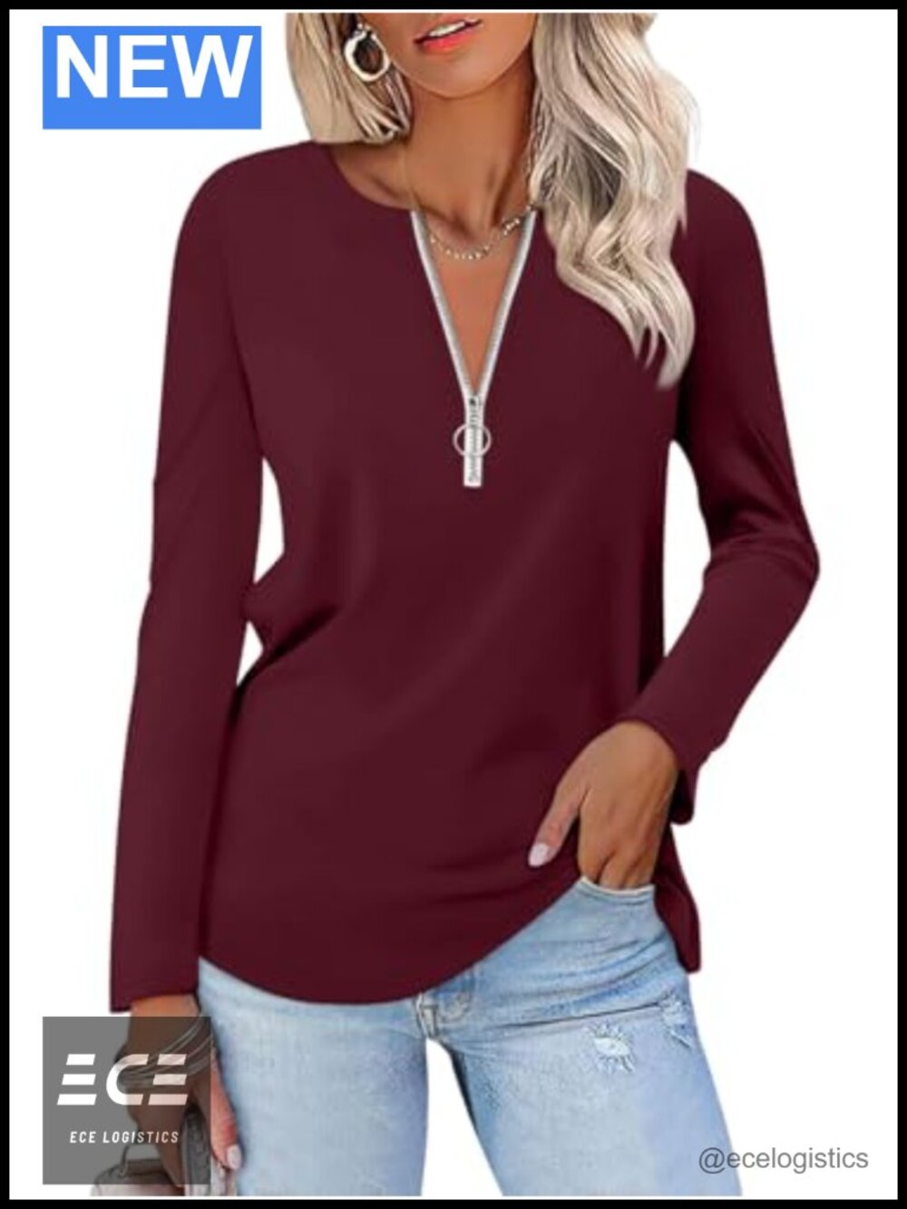 Women's Long Sleeve Quarter Zip V Neck Henley Tunic Top